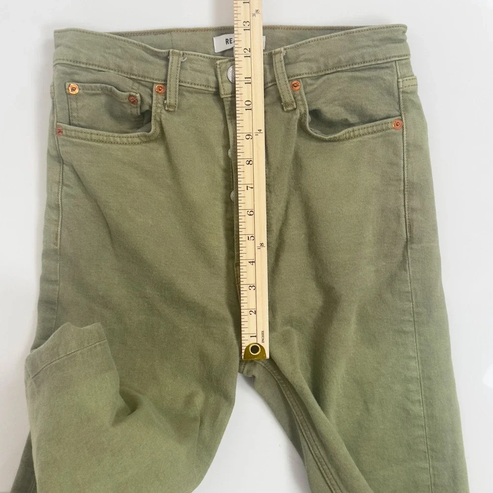 RE/DONE High Rise Ankle Crop Jeans Olive‎ Green Button Fly Raw Hem Denim Size 28